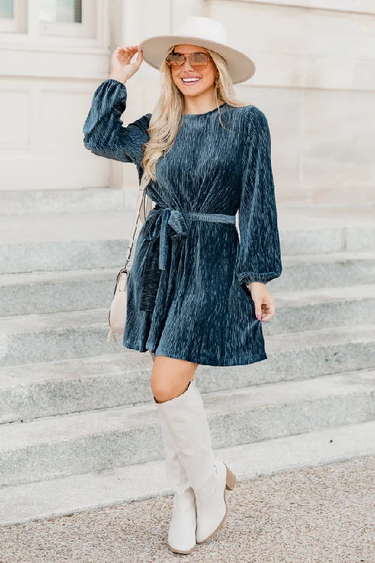 In Due Time Slate Blue Textured Velvet Belted Mini Dress Classic Solid Mini Dress