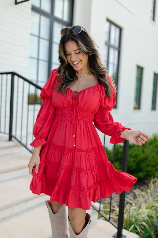 In Full Swing Red Ruffle Detail Mini Dress Trendy Off-Shoulder Dress Mini