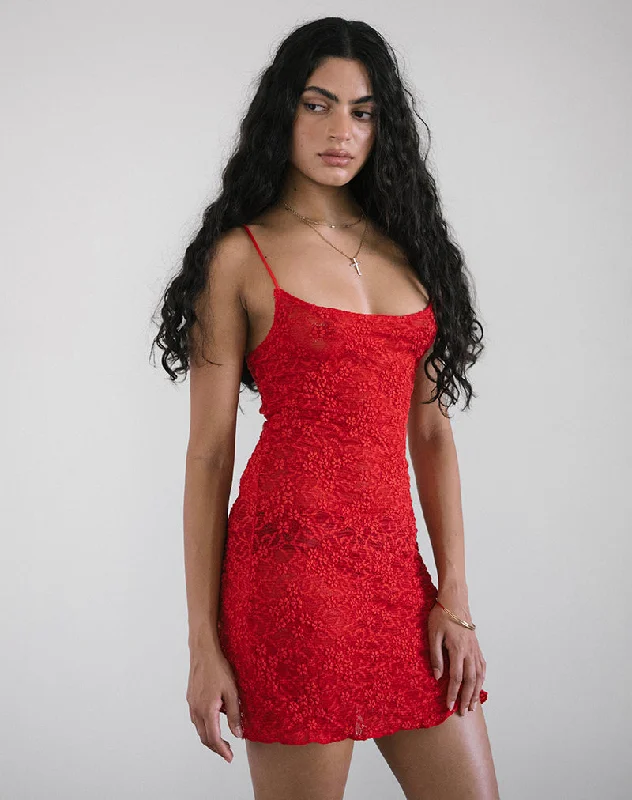 Ismene Mini Dress in Unlined Lace Red Comfortable Bodycon Mini Dress