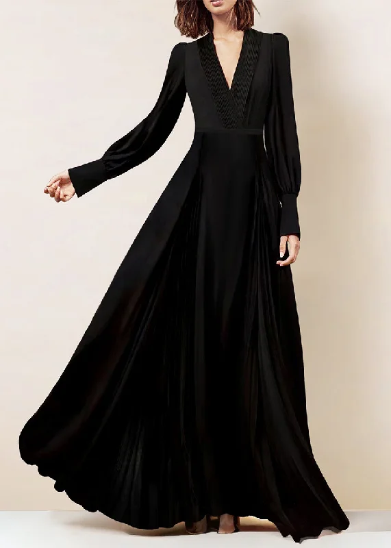 Italian Black V Neck Wrinkled Zippered Chiffon Maxi Dresses Fall AM1028 Trendy Maxi Dress with Straps