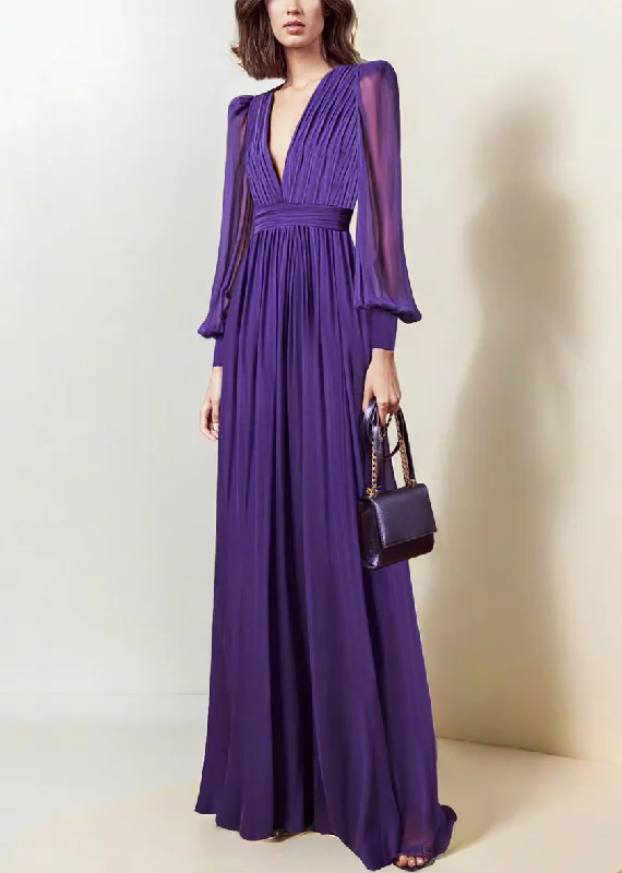 Italian Purple V Neck Wrinkled Chiffon Maxi Dresses Fall QR042 Fashionable Sheer Maxi Dress