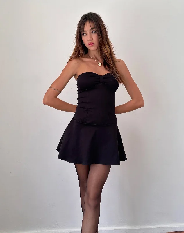 Javas Bandeau Mini Dress in Black Sateen Stylish Ruffle Mini Dress