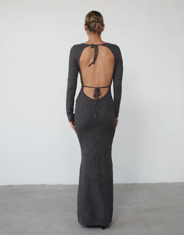 Jayda Long Sleeve Maxi Dress (Charcoal) Trendy Maxi Dress with Lace