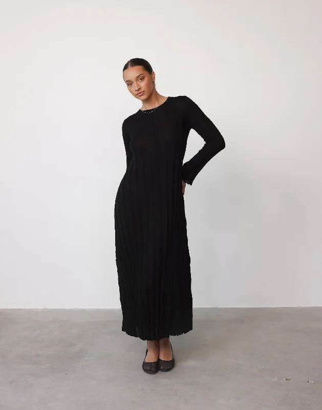 Jemima Long Sleeve Maxi Dress (Black) Elegant Maxi Dress with Drapes