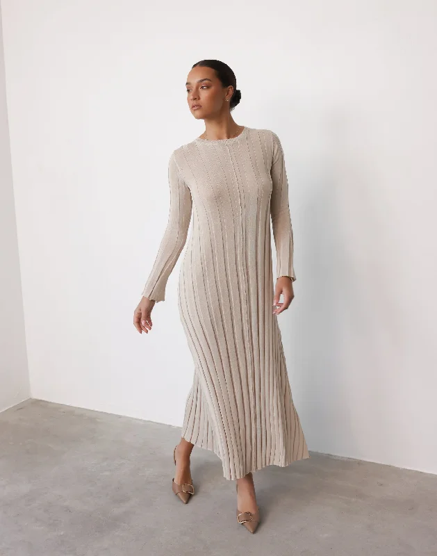 Jemima Long Sleeve Maxi Dress (Stone) Chic Off-Shoulder Maxi Dress