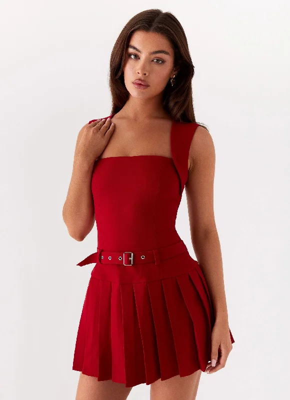 Justina Belted Mini Dress - Red Fashionable Boho-Chic Mini Dress