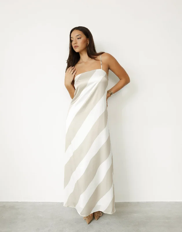 Kacey Maxi Dress (Beige Stripe) Comfortable Long-Sleeve Maxi Dress