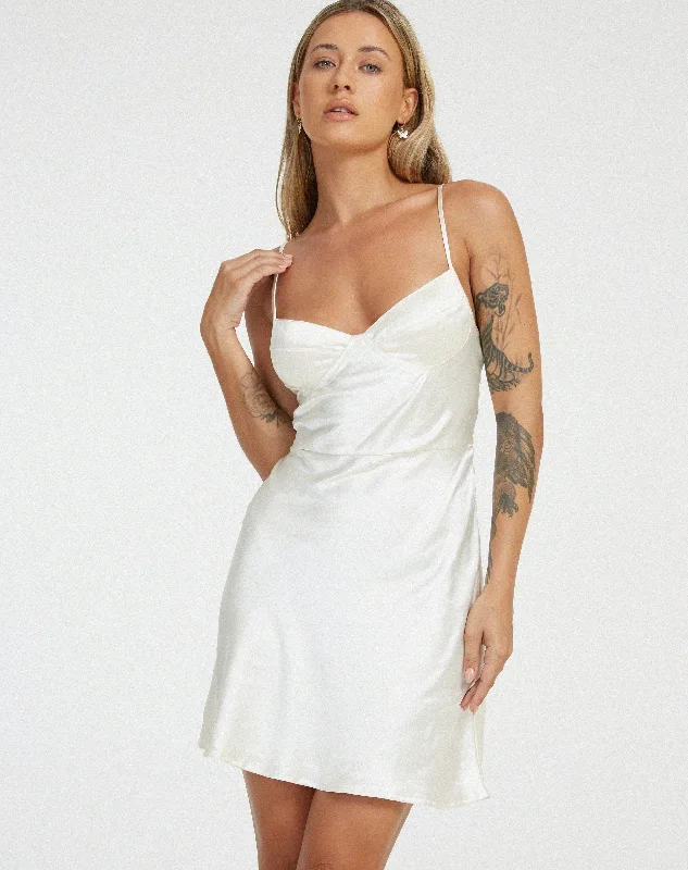 Lebby Mini Dress in Satin Ivory Trendy Button-Detail Mini Dress