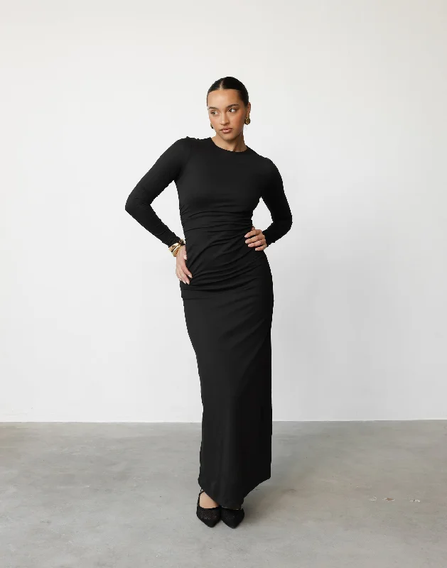 Manon Maxi Dress (Black) Elegant Pleated Maxi Dress