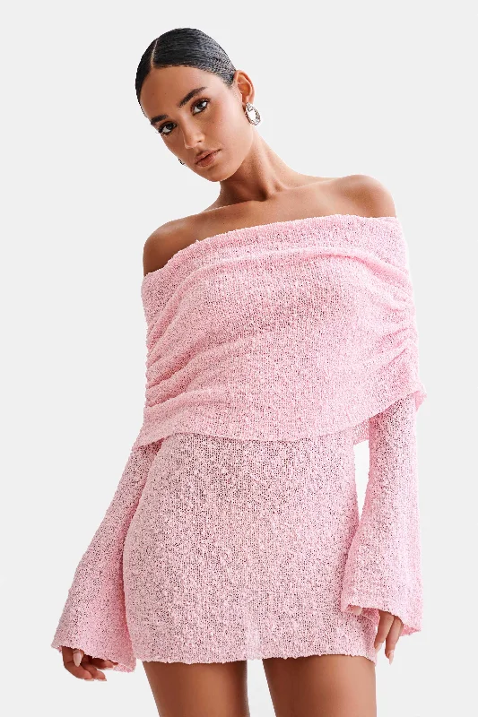 Marisol Off Shoulder Boucle Mini Dress - Baby Pink Cozy Ruched Mini Dress