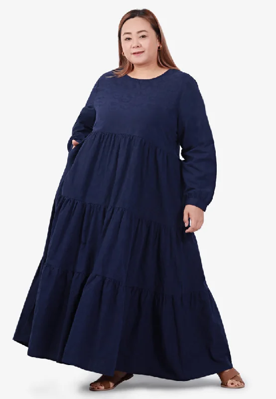 Lucia Cotton Textured Embroidery Maxi Dress - Navy Blue Cozy Ruffle Sleeve Maxi Dress