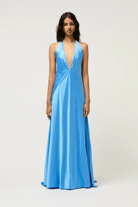 Alexandra Silk Satin Maxi Dress Sky Blue Trendy Printed Maxi Dress