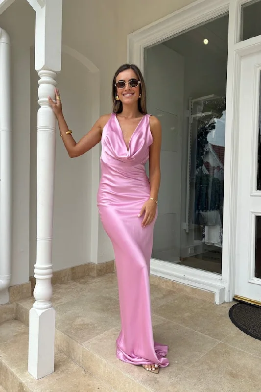 Drape Front Maxi Dress Pink Fashionable High-Waist Maxi Dress