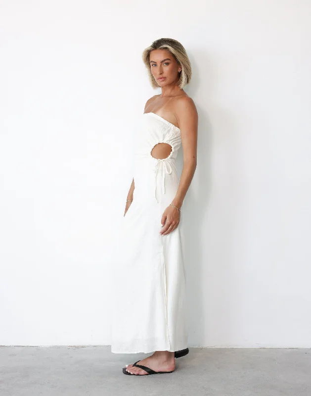 Mikaela Maxi Dress (White) Trendy Off-Shoulder Ruffle Maxi Dress