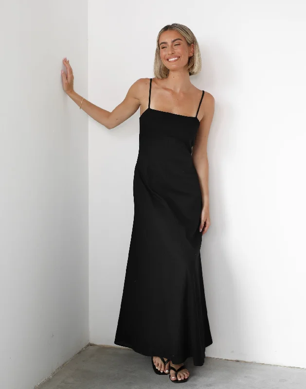 Norah Maxi Dress (Black) Stylish Maxi Dress with Pleats