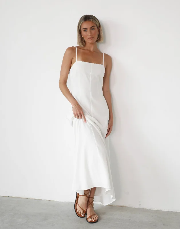 Norah Maxi Dress (White) Stylish Pleated A-Line Maxi Dress