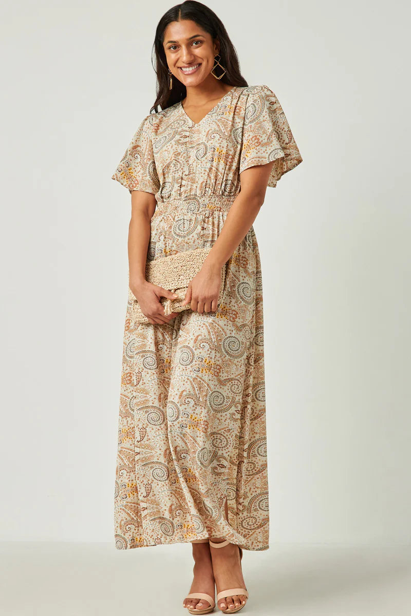 Paisley Print Flutter Sleeve Maxi Dress Style 5558 in Taupe Stylish Maxi Dress with Pleats