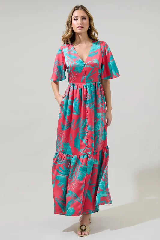 Palm Tropics Pismo Button Down Flutter Maxi Dress Stylish V-Neck Maxi Dress