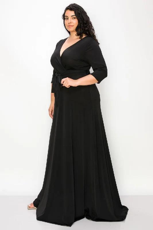 Plus Black 3/4 Sleeve Maxi Dress 1115 Stylish Pleated A-Line Maxi Dress