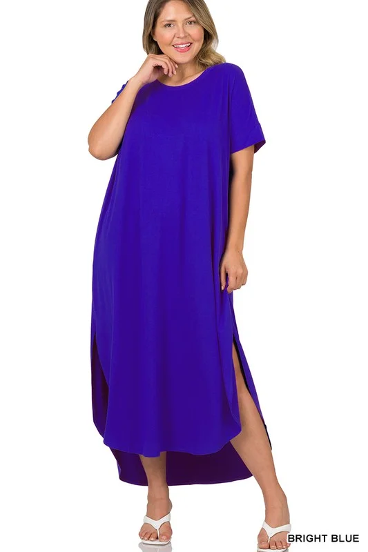 Plus Size  Brushed DTY Short Sleeve Maxi Dress Elegant Maxi Dress with Slit