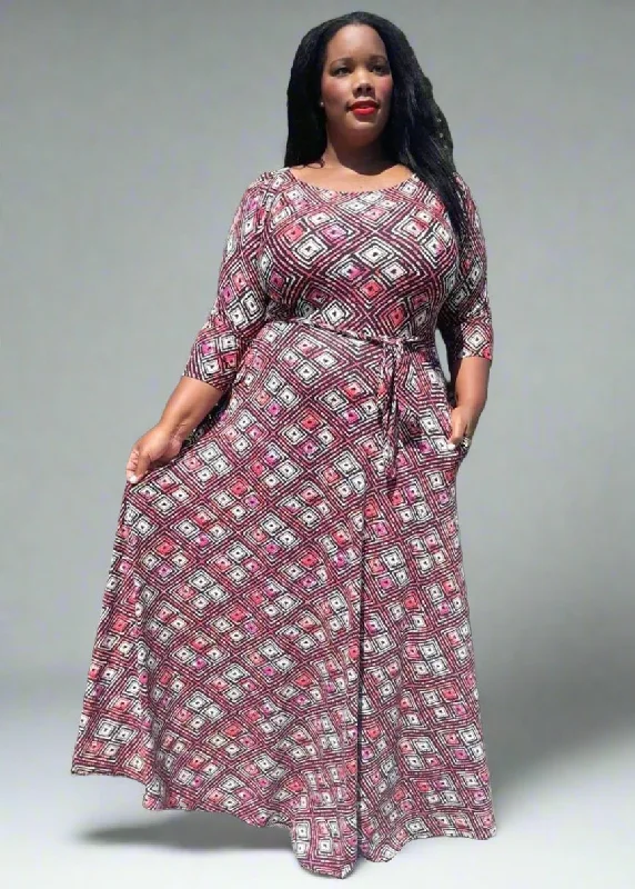 Plus Size Unique pattern loose Fit Pleats Flare Maxi Dress with Pockets Elegant Maxi Dress with Pockets