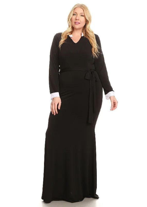 Plus Size Women Contrast Collared Gown Maxi Dress Fashionable Asymmetrical Maxi Dress