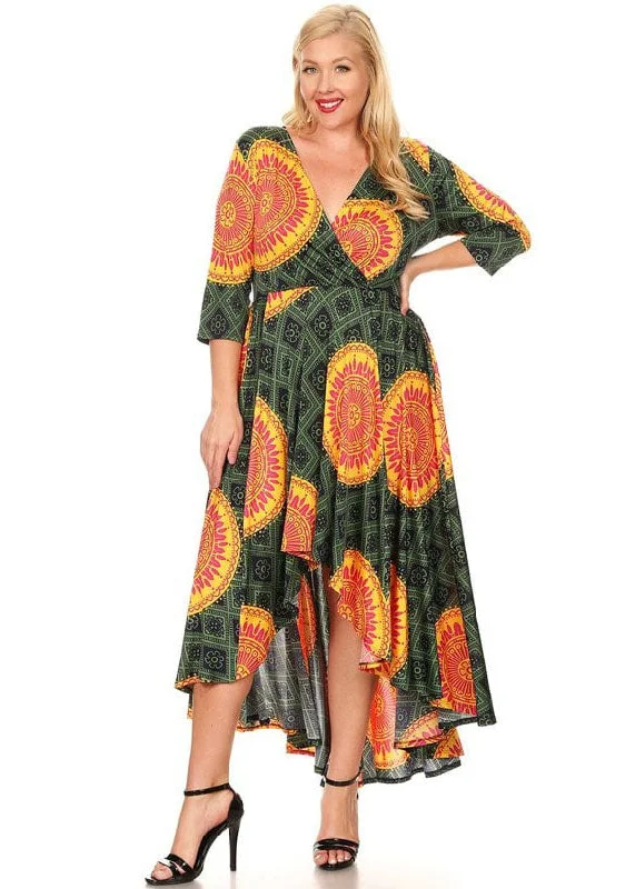 Plus Size Women Mixed Mandala Printed Waist tie Hi-Low Flare Maxi Dress Cozy Open-Back Maxi Dress