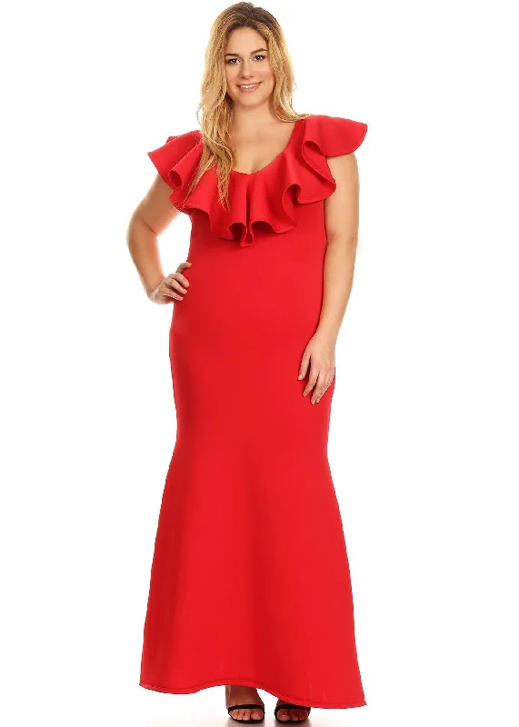 Plus Size Women  Ruffle Hem V-neck Mermaid Maxi Dress Chic Summer Maxi Dress