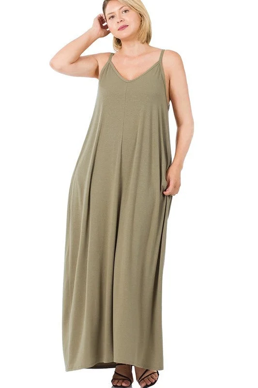 Hi Curvy Plus Size Women  V-Neck Cami Maxi Dress with Side Pockets Trendy Maxi Dress with Bow