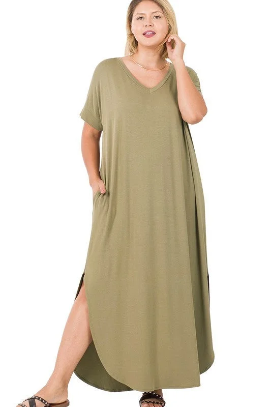 Hi Curvy Plus Size Women Viscose Side Slit V-Neck Maxi Dress Comfortable Maxi Dress with Sleeves