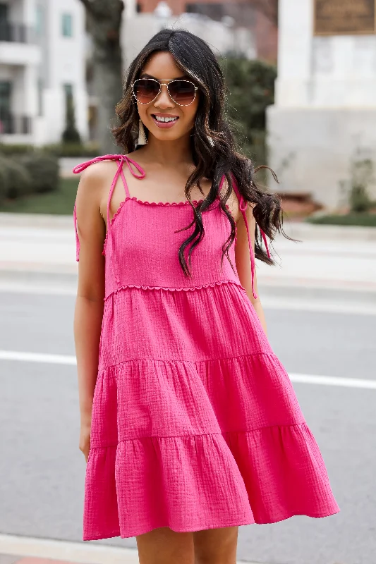 FINAL SALE - Precious Mindset Magenta Linen Tiered Mini Dress Elegant Lace-Up Mini Dress