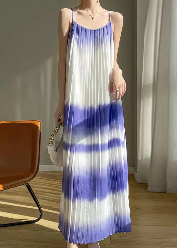 Purple Gradient Color Cotton Maxi Dress Cold Shoulder Summer AB1015 Stylish Pleated A-Line Maxi Dress