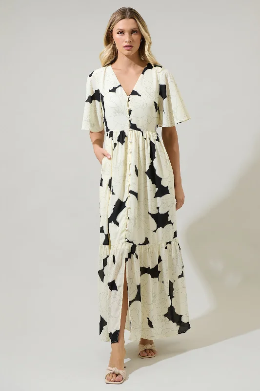 Quinsy Floral Pismo Button Down Flutter Maxi Dress Fashionable Chiffon Maxi Dress