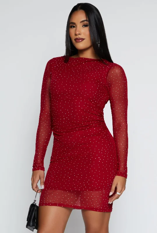 Haute Monde Rhinestone Long Sleeve Mini Dress Elegant Floral-Print Mini Dress