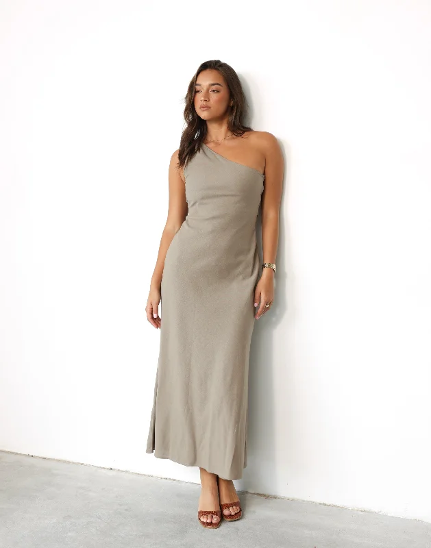 Rema Maxi Dress (Stone) Trendy Ruffled Maxi Dress