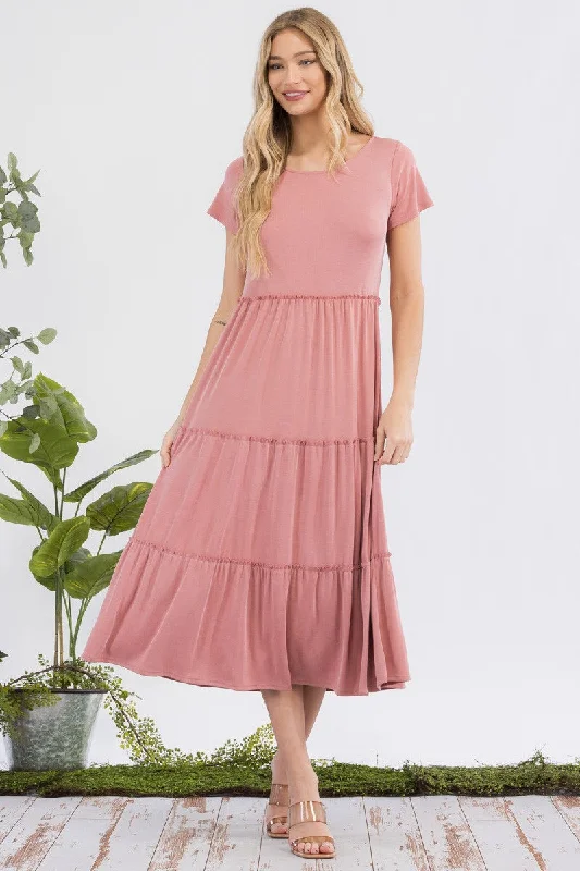 Rib Tier Maxi Dress in Mauve Pink Style 3029 Trendy Off-Shoulder Ruffle Maxi Dress