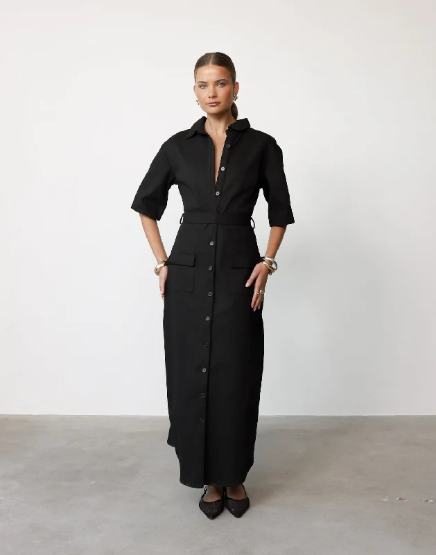 Roxy Maxi Dress (Black) Comfortable Ruffle Maxi Dress