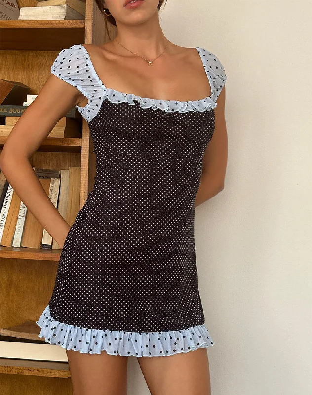 Sevda Mini Dress in Blue Black Basic Polka Fashionable Party Mini Dress