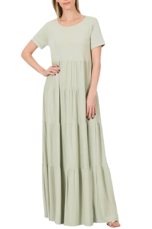 Short Sleeve Tiered Maxi Dress Style 8357 in Black, Dusty Blush or Light Green, Comfortable Maxi Dress with Slits