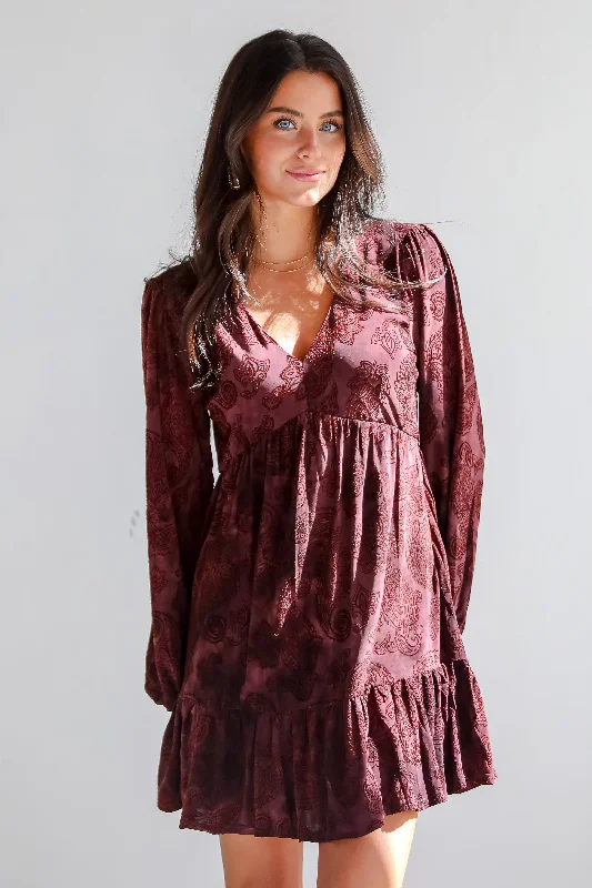 Signature Charm Wine Velvet Paisley Mini Dress Trendy Lace Mini Dress