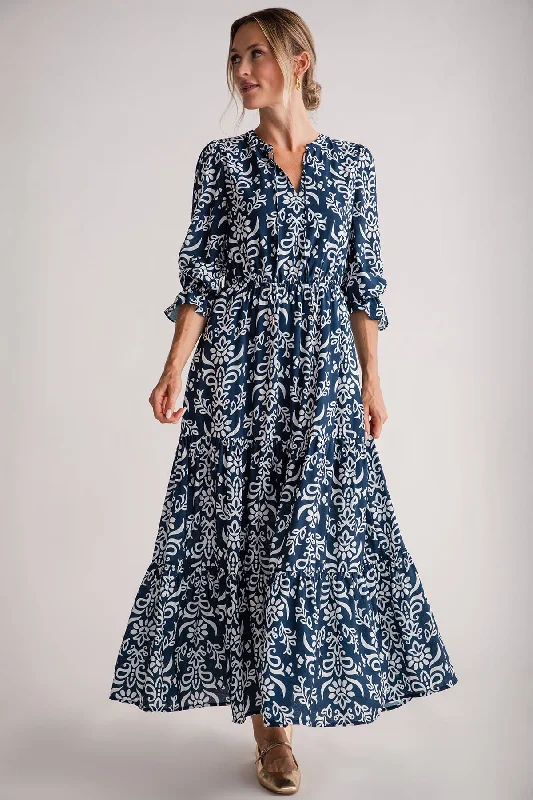 Skies Are Blue Printed Split Neck Ruffle Maxi Dress Elegant Velvet Maxi Dress