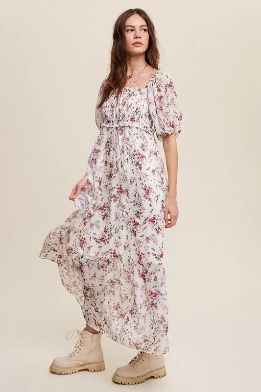 Smocked Top Tie Floral Print Chiffon Maxi Dress 1217 Trendy Button Front Maxi Dress