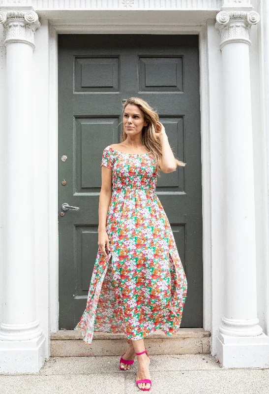 Smocking Bodice Blossom Maxi Dress Trendy Floral Print Maxi Dress