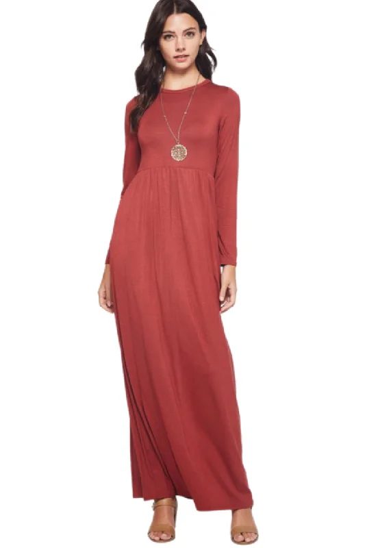 Solid Maxi Dress Style 3374 without pockets in Marsala or Mocha Stylish A-Line Maxi Dress