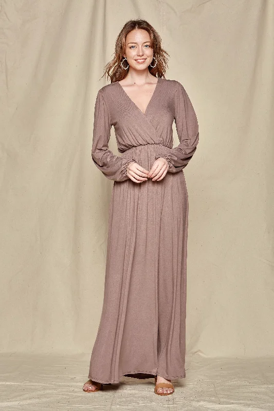 Solid Wrap Maxi Dress Style 5070 in Mocha Stylish Maxi Dress with Frills