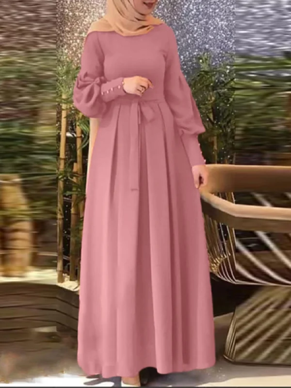 Stunning Long Sleeve Crew Neck Kaftan Maxi Dress - Elegant Tie Waist Design, Flowy Plain Color Fabric, Comfortable Women's Clothing for Everyday Wear - Perfect for Formal Occasions and Casual Events Classic Tulle Maxi Dress