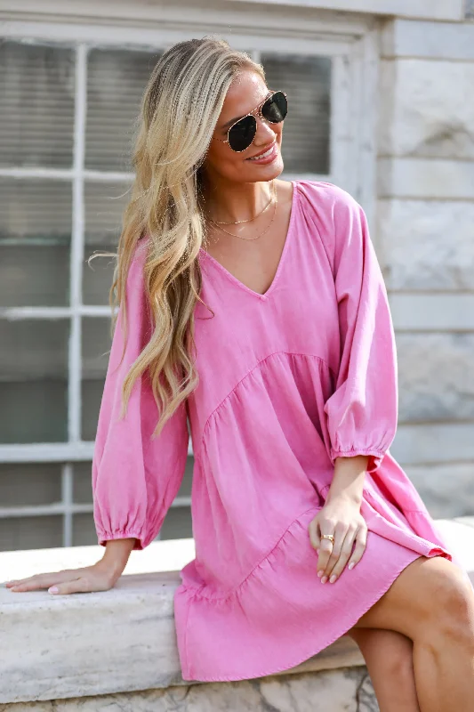 FINAL SALE - Sunny Romantic Pink Tiered Babydoll Mini Dress Comfortable One-Shoulder Mini Dress