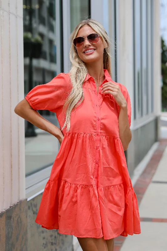 FINAL SALE - Sunshine Chic Coral Tiered Mini Dress Elegant Mini Dress with Pleats