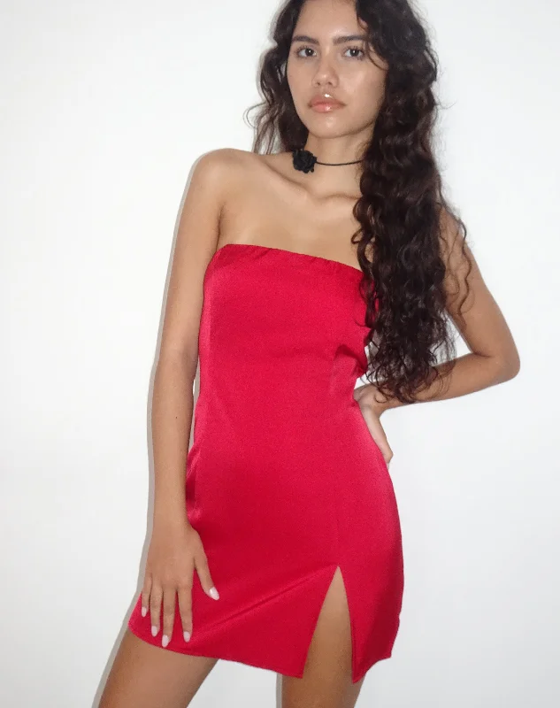 Tannesa Bandeau Mini Dress in Deep Red Satin Stylish Sweetheart Mini Dress