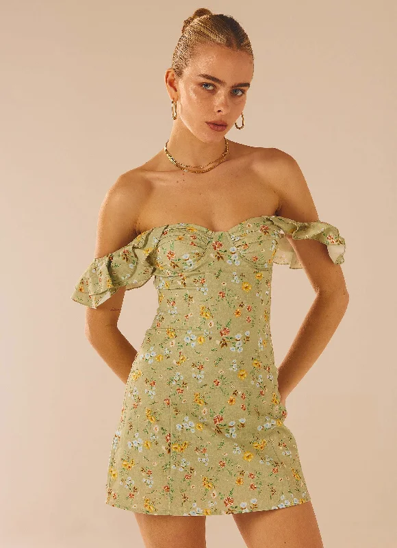 The Chateau Mini Dress - Sage Floral Stylish Sweetheart Mini Dress